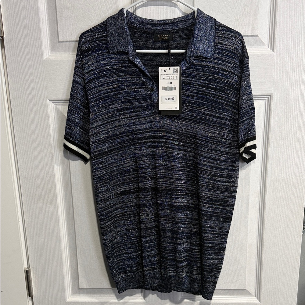 NWT Zara Blue and Black Sparkly Polo Shirt